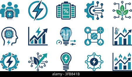 Clean energy and technology concepts set with teal and dark blue icons representing various sustainable solutions. Stock Vector