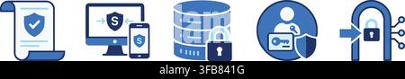 Information security protection icons in blue shades representing safe databases secure login and document privacy. Stock Vector