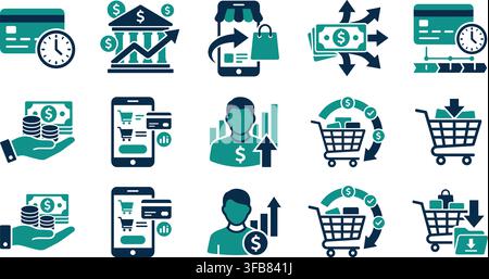 Digital finance and online shopping icons featuring credit cards bank mobile payment and transaction growth charts. Stock Vector
