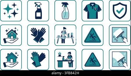 Cleaning service icons with supplies, safety, and house care for hygiene and maintenance on transparent background. Stock Vector