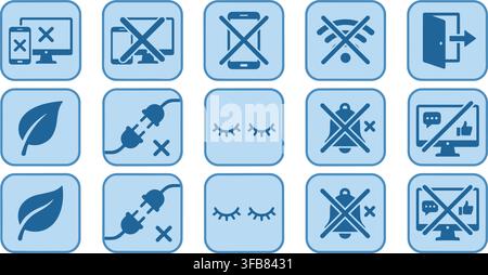 Diverse set of restriction and eco-friendly icons with blue theme, ideal for warnings and sustainable living concepts. Stock Vector