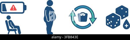 Health and lifestyle icons with battery, person sitting, overweight figure, and dice for well-being concepts. Stock Vector
