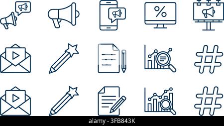Marketing and business icons with megaphones and analytics for promotion and data analysis on a grey background. Stock Vector