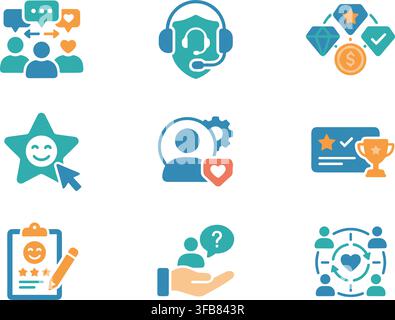 Customer satisfaction icons collection with vibrant color palette highlighting feedback sentiment and loyalty metrics. Stock Vector