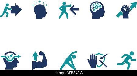 Mental power development and personal growth blue and turquoise icons showing strategy progress strength and control. Stock Vector