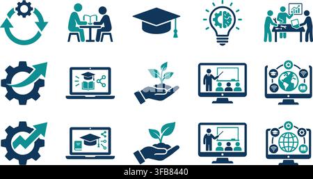 Educational training icons depicting graduation caps online learning and business growth strategies in dark blue and teal. Stock Vector