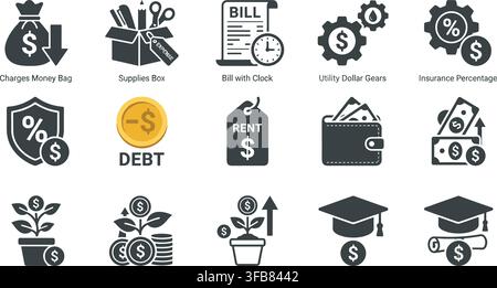 Finance expense line icons set including charges money bag debt rent bill with clock utility dollar gears insurance. Stock Vector
