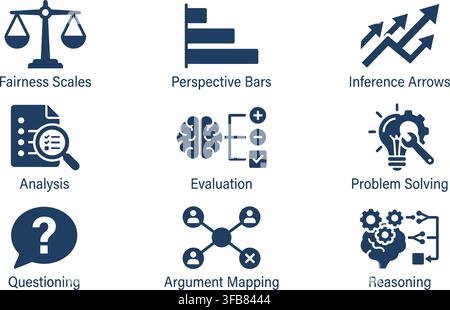 Critical thinking icons set with fairness scale perspective bar chart inference arrow analysis evaluation glyph symbols. Stock Vector