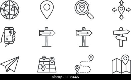 Navigation location mapping outline icons set with thin black lines for route planning travel and direction guide. Stock Vector