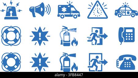Emergency and safety vector icons featuring sirens and lifebuoys for disaster response and public protection equipment. Stock Vector