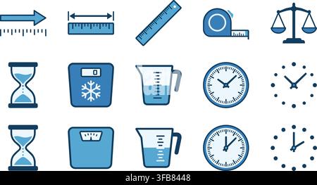 Measurement tool icons set featuring blue gradient scales clocks and weights for accurate data analysis and timing tasks. Stock Vector
