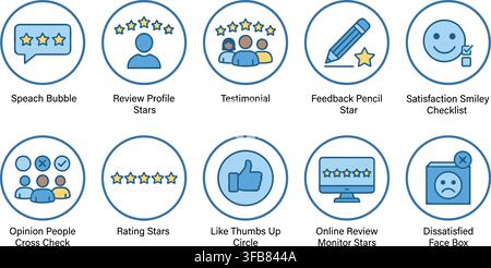 Customer feedback and user satisfaction icons set depicting blue circular line graphics for review rating and opinion. Stock Vector