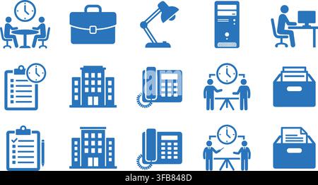 Office management and corporate infrastructure icons displaying blue workspace equipment and building structures set. Stock Vector