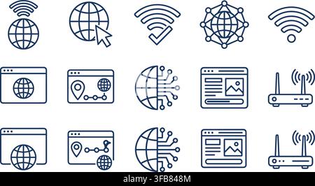 Network and web connectivity icons set with blue line art symbols for global internet and router configuration usage. Stock Vector
