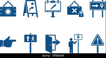 Navigation sign icons set in blue silhouette style including directional arrows exclamation mark and exit door symbols. Stock Vector