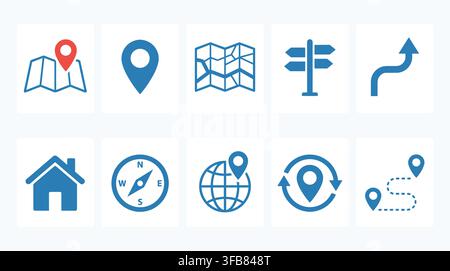 Navigation map icon set displaying route planning location tools in blue with a distinctive red pin on main template. Stock Vector