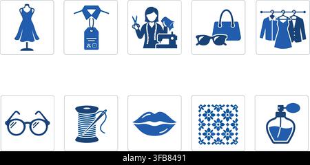 Fashion industry and tailor studio blue outline icons including dress mannequin sewing machine thread and perfume bottle. Stock Vector