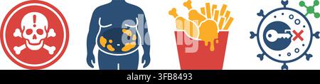 Healthy warning symbols illustrating toxic skull obesity silhouette fried chicken and virus cell with key for medical risk. Stock Vector