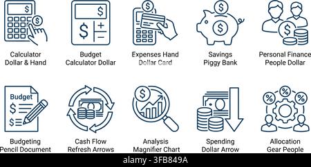 Financial icons including calculator, piggy bank, and budget document for money management and analysis. Stock Vector