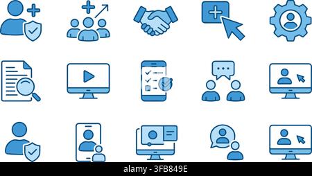 Online collaboration and business communication icon set in blue gradient style for virtual meeting and teamwork concept. Stock Vector