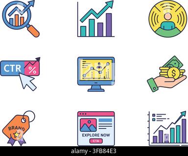 Marketing analytics icon collection showcasing colorful click through rate data graphs on transparent backgrounds. Stock Vector