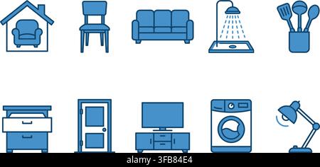 Modern home furniture and household appliance icons set in light blue line art style for interior design project use. Stock Vector