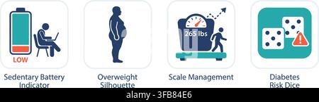 Healthcare infographic icons depicting sedentary lifestyle overweight silhouette scale management and diabetes risk factors. Stock Vector