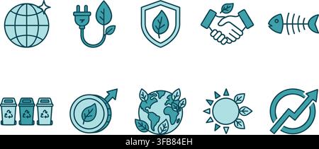 Set of environmental protection and ecology icons with green leaves and blue globe designs for sustainable development. Stock Vector