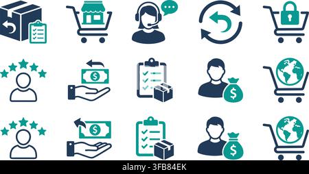 Order fulfillment and return service icons with teal accents for logistics management and customer satisfaction monitoring. Stock Vector