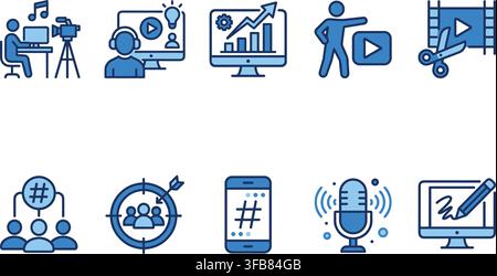 Social media digital marketing icons set blue line style graphic elements for online content strategy business projects. Stock Vector