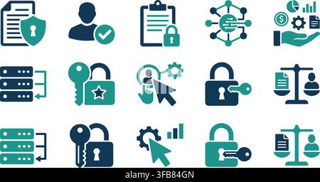 Cybersecurity icons set featuring dark teal security shield and data protection symbols for digital infrastructure. Stock Vector