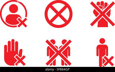 Prohibition signs in solid red color featuring crossed symbols for restricted people entry hand gesture and group ban. Stock Vector