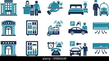 Hotel service icon set in blue and turquoise features building reception room service and guest amenities for travel apps. Stock Vector