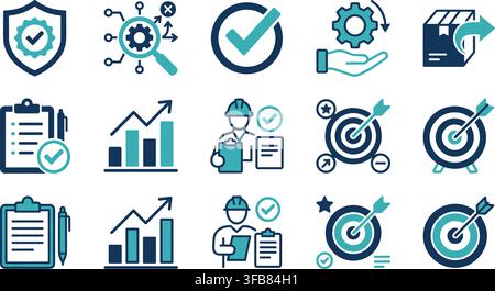 Quality control outline icons set with turquoise and blue design symbols for business standards and check mark goals. Stock Vector