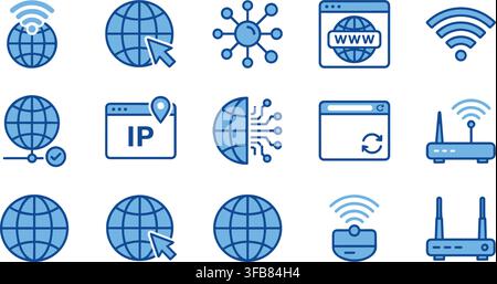 Internet connectivity technology set blue linear icons for network communication digital data transmission systems. Stock Vector