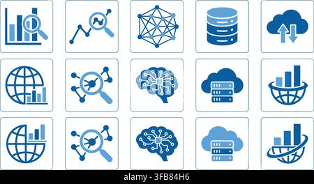 Digital analytics icons collection with blue network nodes and cloud computing symbols for tech and science projects. Stock Vector
