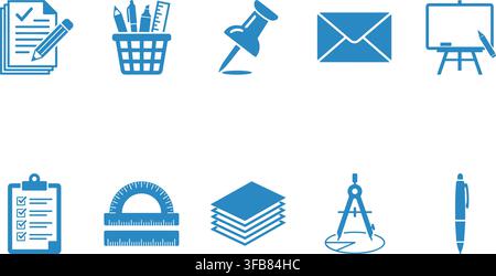 Office stationery and academic supplies icons including pencil clipboard ruler envelope and professional tools set. Stock Vector