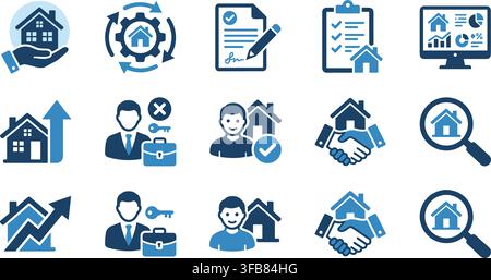 Real estate business icons with blue house elements for property market analysis buying selling and agency services. Stock Vector