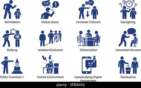 Workplace harassment and toxic environment behaviors icons set with descriptive text labels in dark blue silhouette. Stock Vector