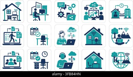 Remote work and home office icons with teal and blue designs illustrating digital communication online business setup. Stock Vector