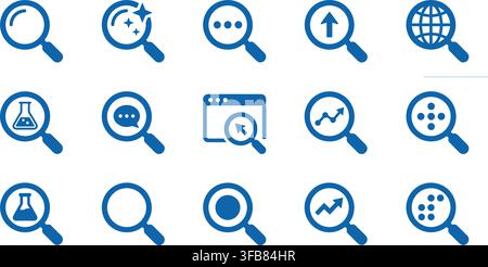 Search and magnifying glass line icons in solid blue color for research discovery web browser and database analytics. Stock Vector