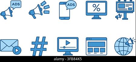 Digital advertising and marketing strategy icons set in blue shades for social media promotion and business campaign. Stock Vector