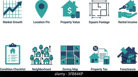 Real estate property investment outline icons with turquoise and navy blue design for housing market concept vector. Stock Vector