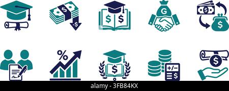 Education finance and student loan icons in teal and dark blue showing academic graduation and investment growth charts. Stock Vector