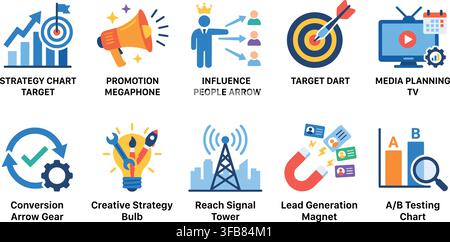 Marketing and advertising strategy icons set with vibrant colors for digital sales growth and brand communication. Stock Vector