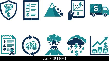 Financial risk management investment icons set turquoise blue flat design elements for economic crisis data analysis. Stock Vector