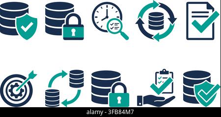 Secure database management and data center protection icons with teal security shield elements for IT projects. Stock Vector