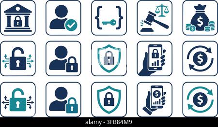 Financial banking and legal icon collection in navy and teal colors for corporate identity and professional services web. Stock Vector