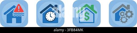 Smart home app icons with blue and green circular designs representing water leak warning time and financial settings. Stock Vector