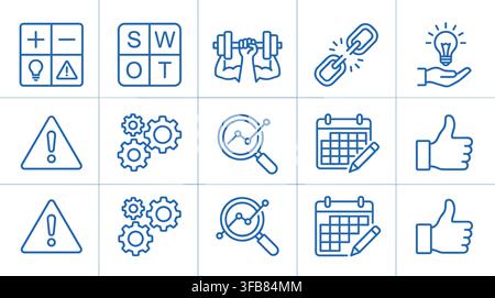 Strategic planning and business analysis outline icons in blue, ideal for presentations and reports. Stock Vector